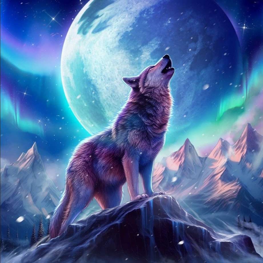 wilk wyjący i piękny księżyc puzzle online