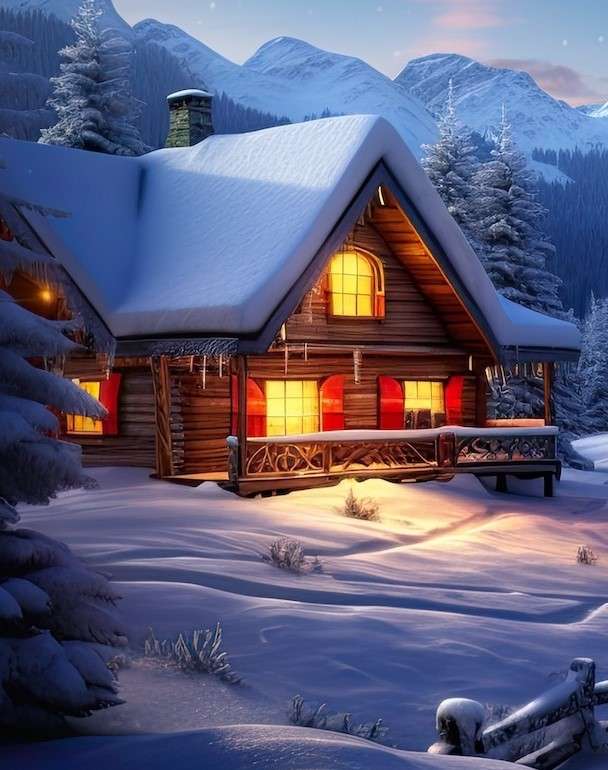 Drewniana chata w zimę puzzle online