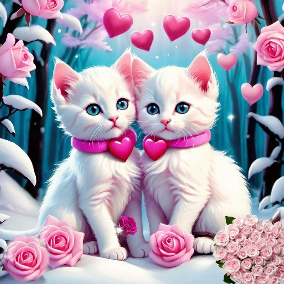 słodkie walentynkowe kotki i serca-zima puzzle online