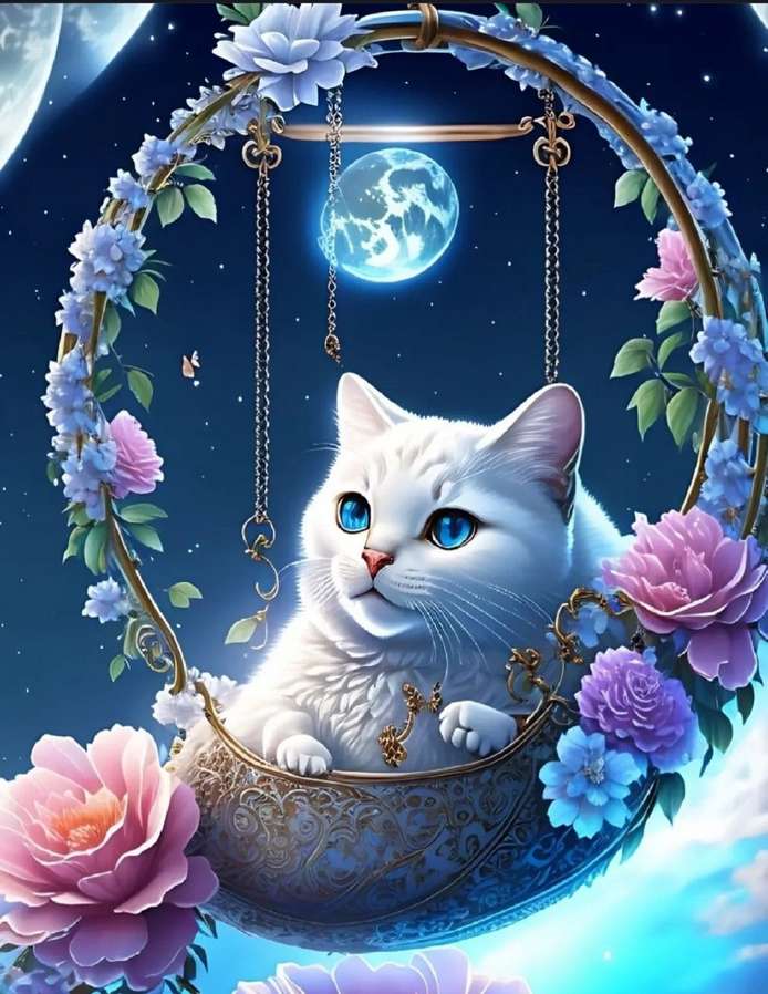 biały kot na huśtawce w świetle księżyca puzzle online