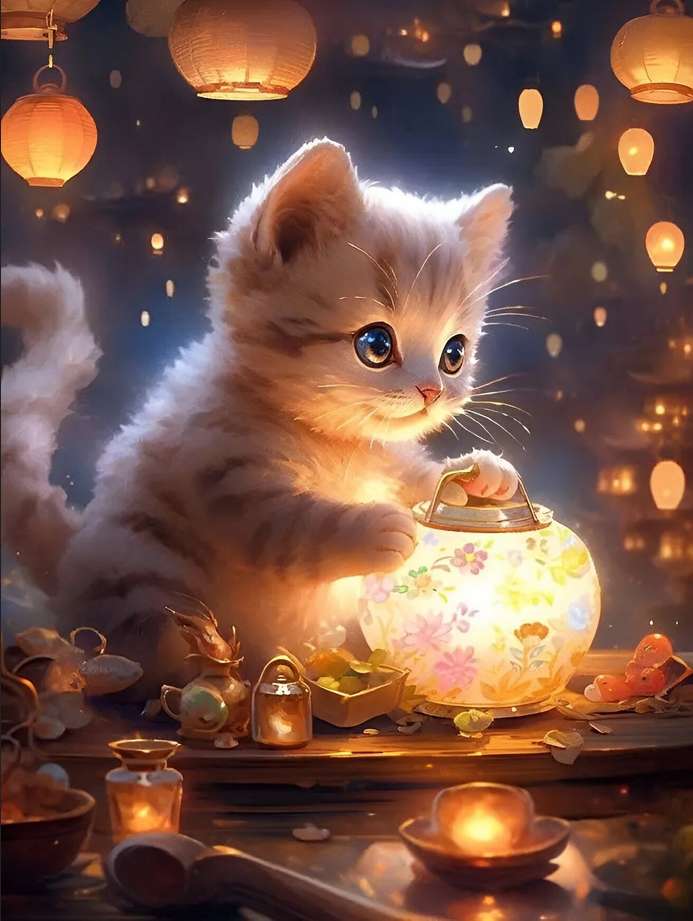 kot w świetle lampionów puzzle online