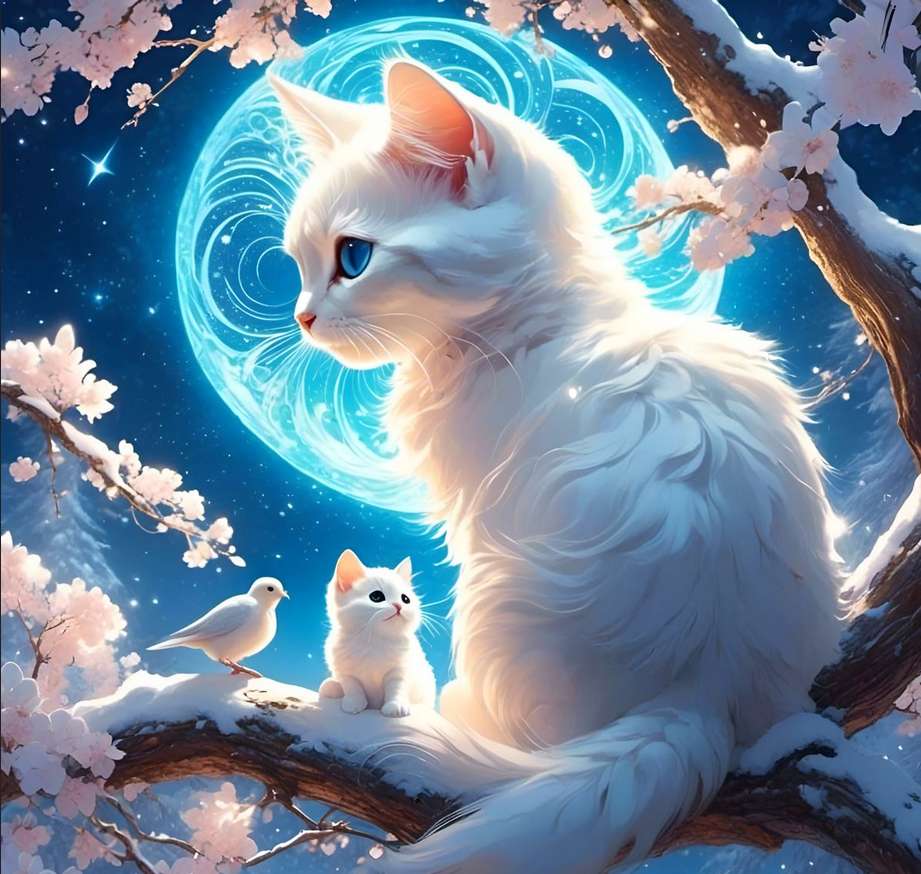 białe koty na drzewie w blasku księżyca puzzle online