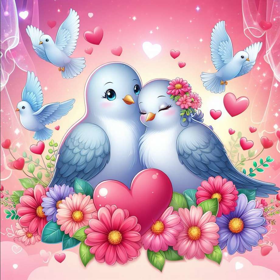 kochające się gołębie i serca puzzle online