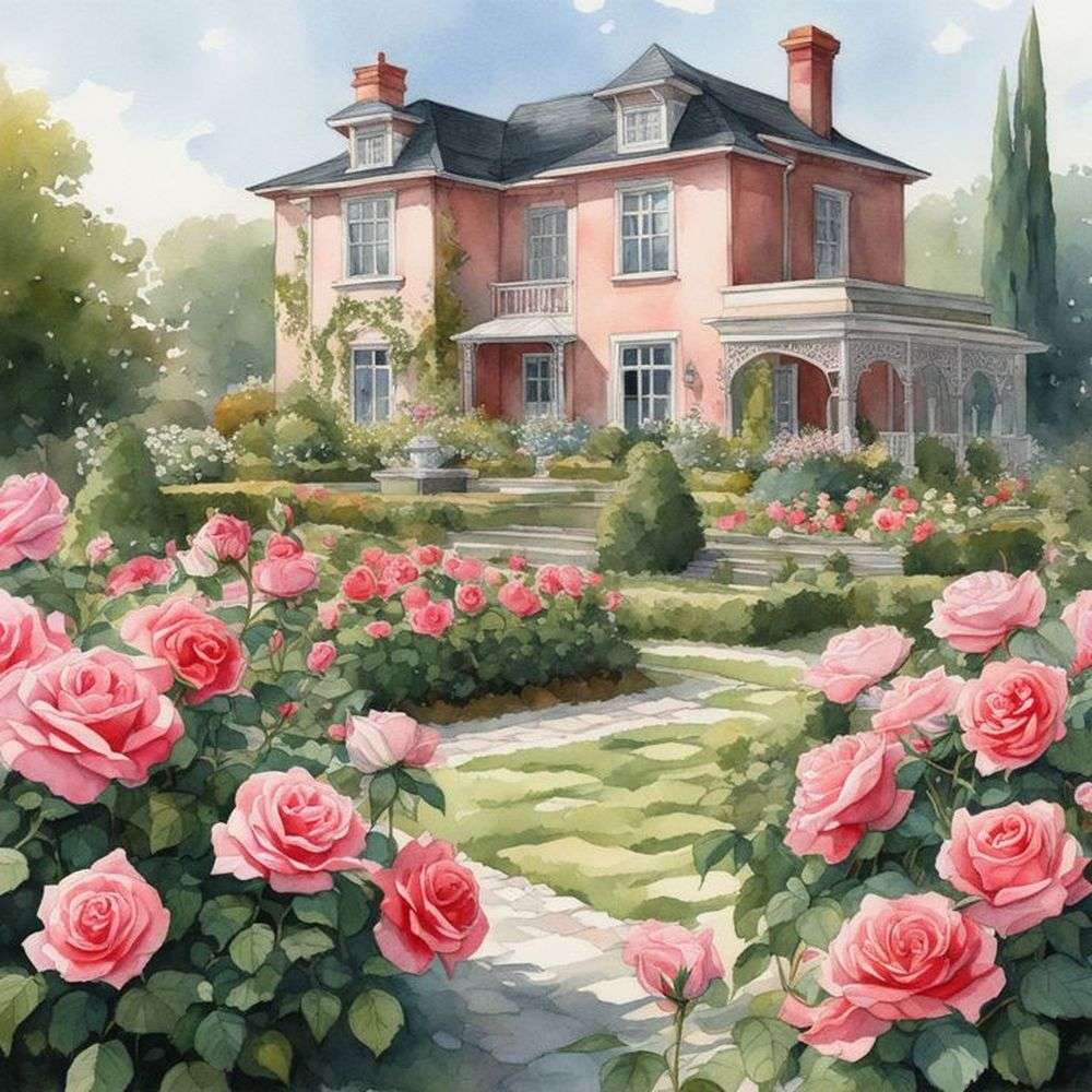 Piękny dom i ogród różany puzzle online