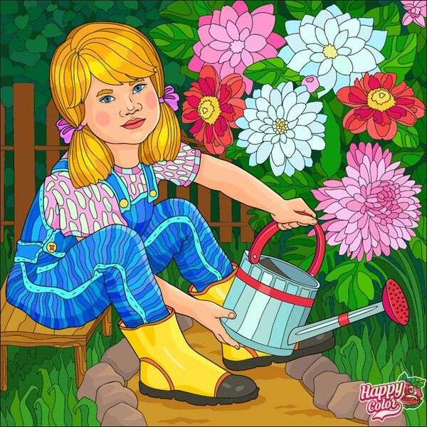 Mała dziewczynka podlewa kwiaty puzzle online