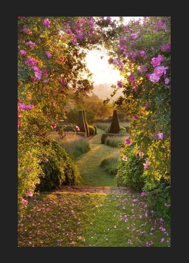 piękny ogród zachód słońca puzzle online