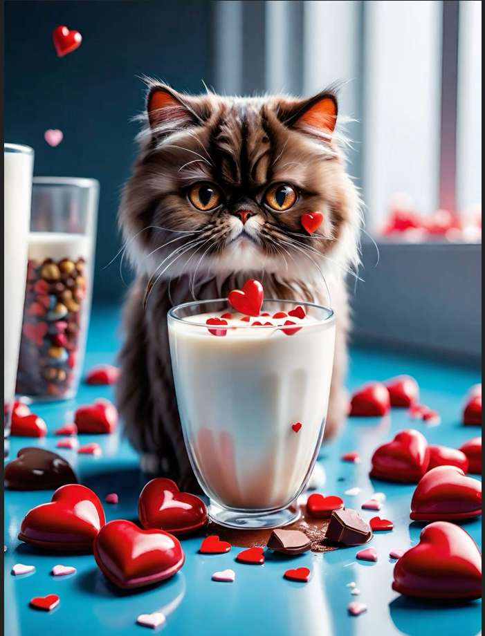 slodki kotek i walentynkowy milkshake puzzle online