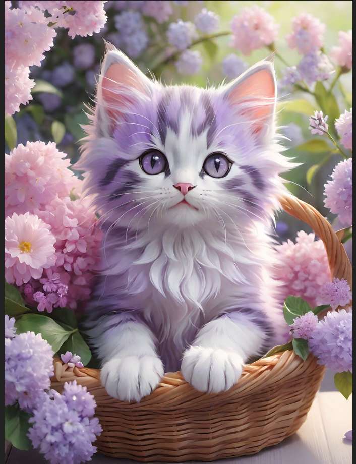 słodki, fioletowy kotek w koszyku puzzle online
