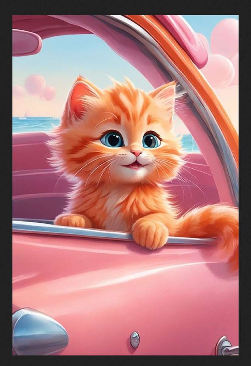 słodki rudy kotek w różowym aucie puzzle online