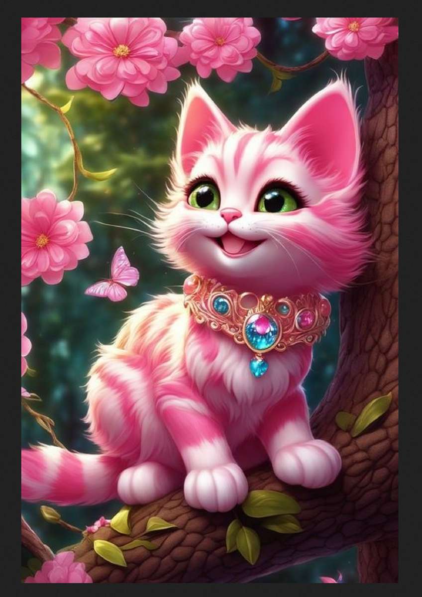słodki różowy kotek uśmiechnięty i różowe kwiaty puzzle online