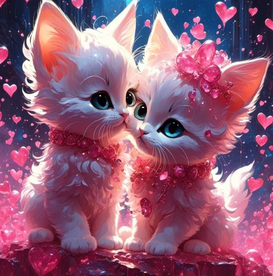 słodkie, białe zakochane kotki i serca puzzle online
