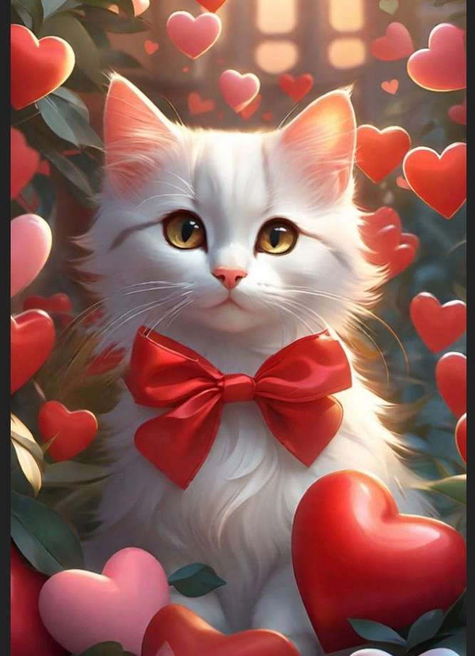 słodki kot z kokardą i serca puzzle online
