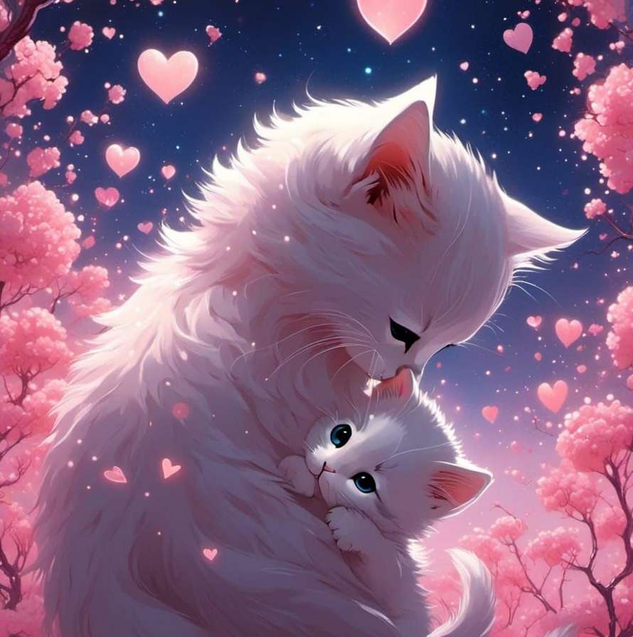 słodkie dwa koty przytulające się, serca puzzle online