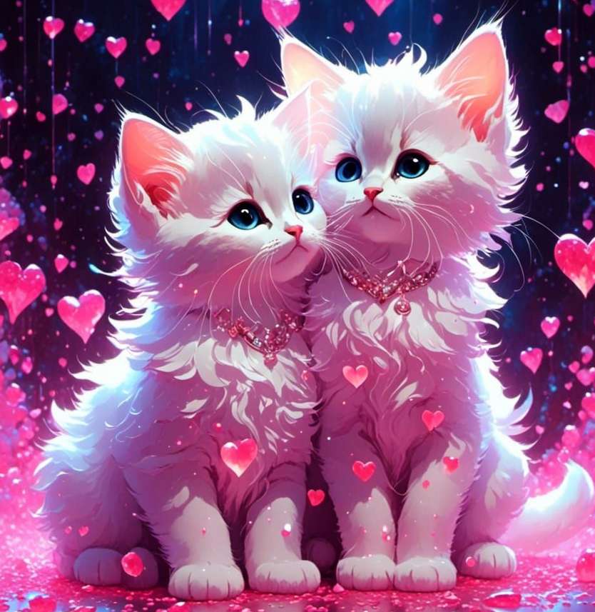słodkie białe zakochane kotki i serca puzzle online