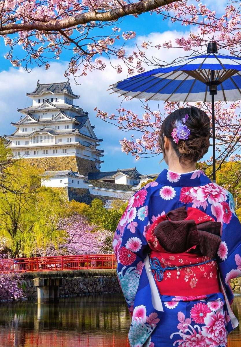 Gejsza na tle zamku w Japonii puzzle online