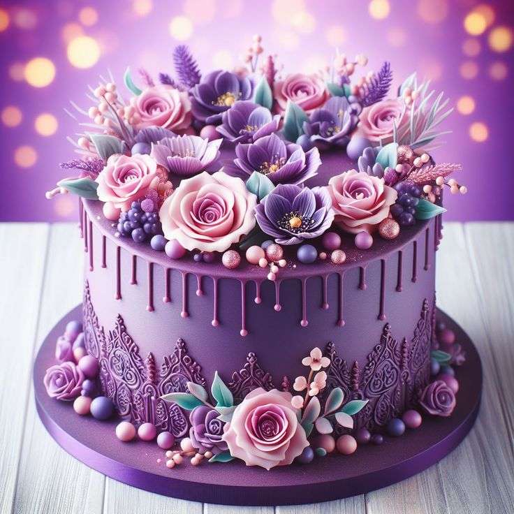 Piękny fioletowy tort z kwiatami puzzle online