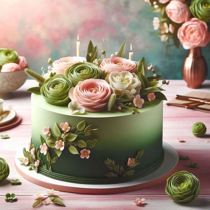 Piękny zielony tort z różami puzzle online