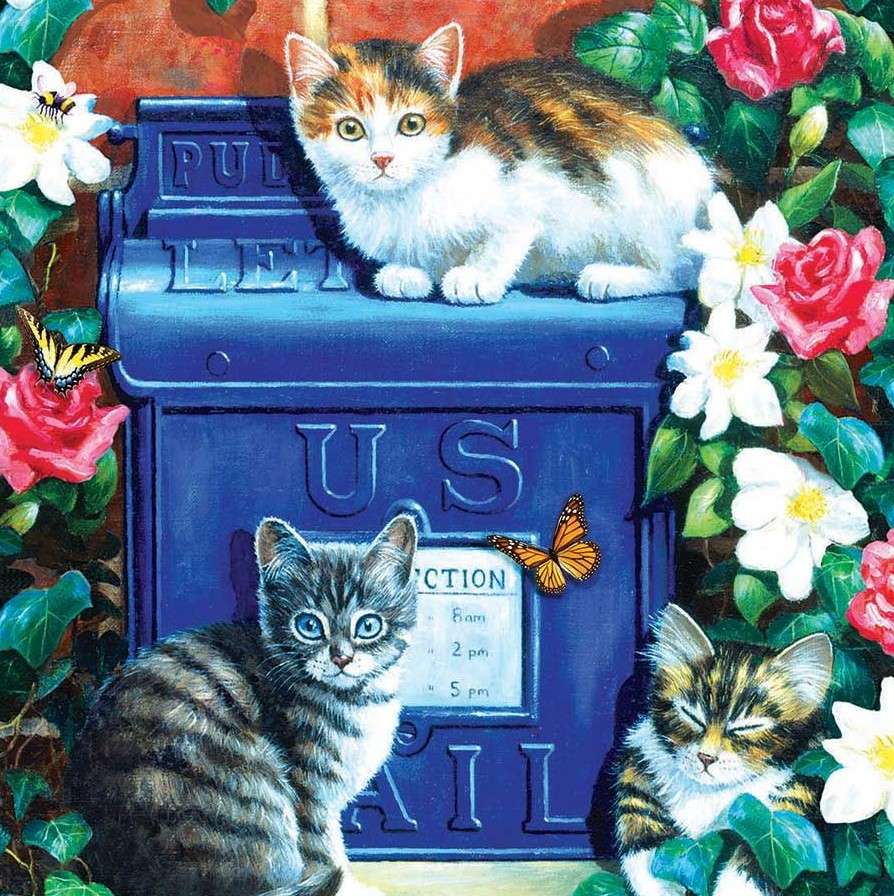 Kotki przy skrzynce pocztowej puzzle online