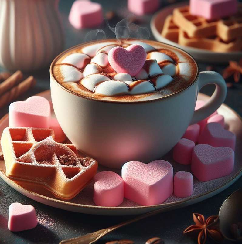 słodka, walentynkowa herbatka z goframi i sercami puzzle online