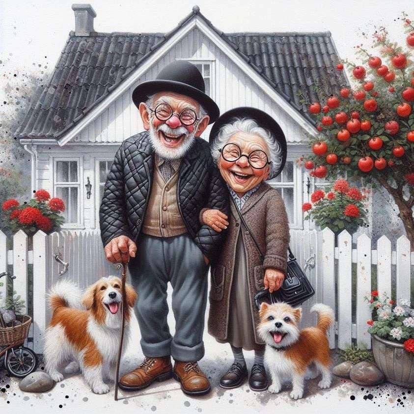 Babcia i dziadek zajmują się domem i psem puzzle online