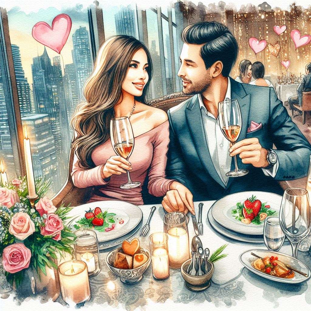 Zakochana para je obiad w luksusowej restauracji puzzle online