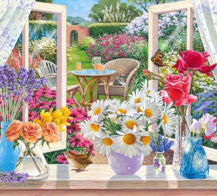 Kwiaty w wazonach na parapecie puzzle online