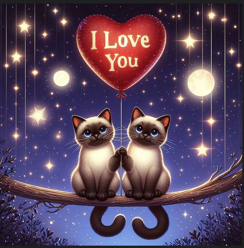dwa koty w nocy z balonikiem i love you, księżyc puzzle online