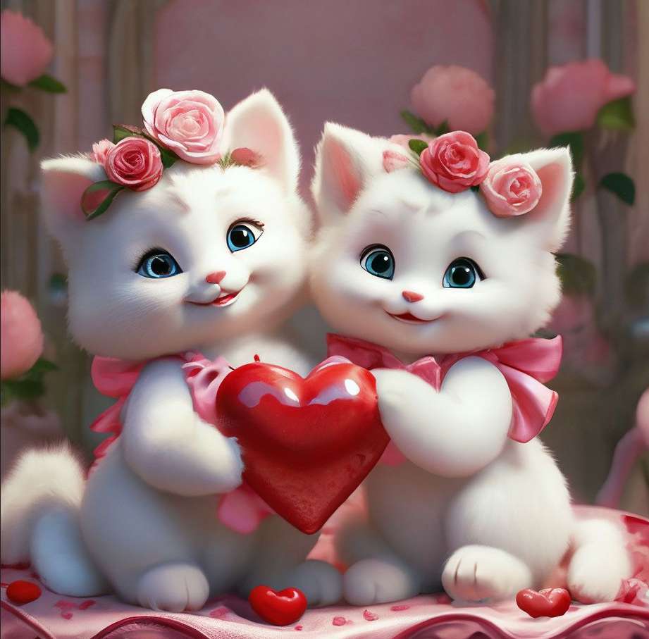 słodkie dwa zakochane kotki trzymające serce puzzle online