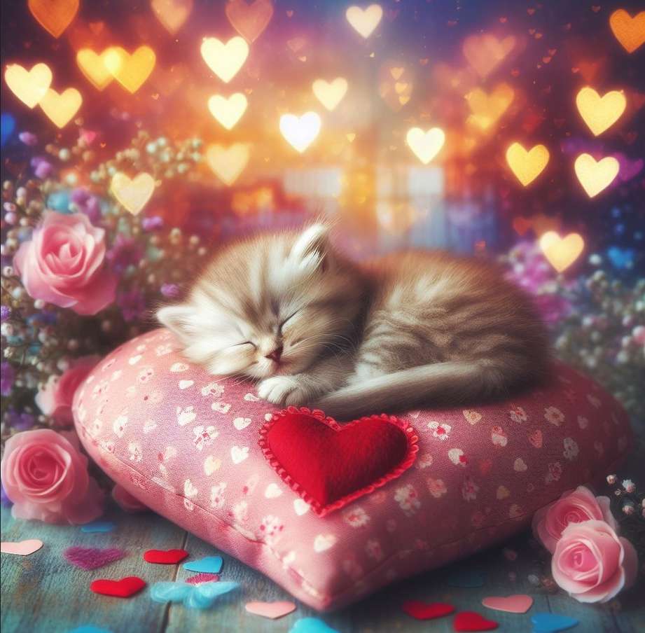 mały, słodki kotek śpiący na poduszce-serce puzzle online