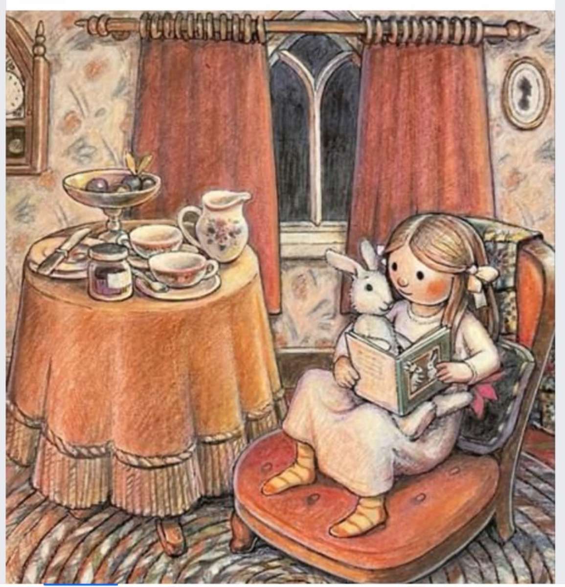 Czas na podwieczorek z króliczkiem i książką puzzle online