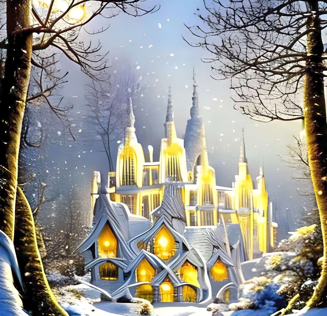 Rozświetlony zamek w zimie puzzle online