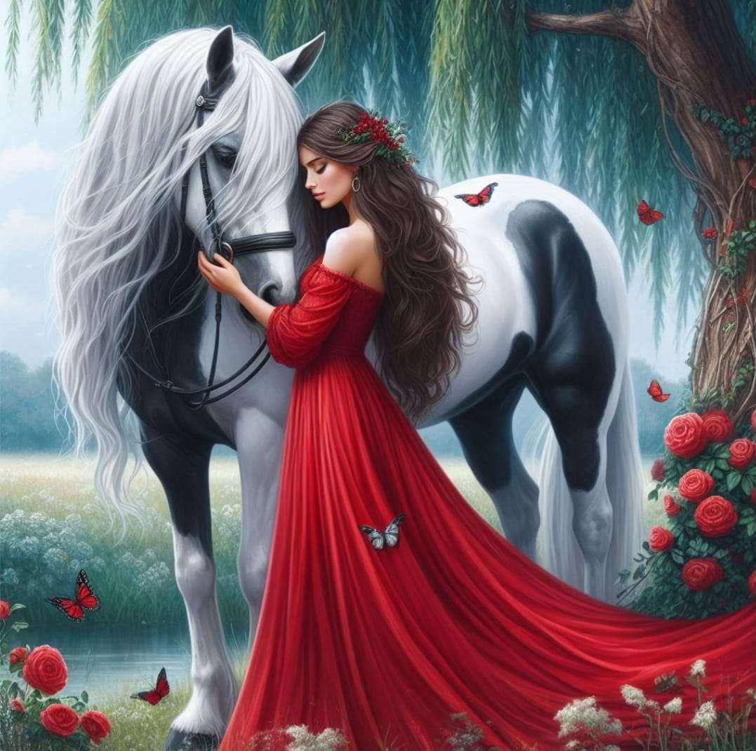 Koń i dama w czerwieni puzzle online