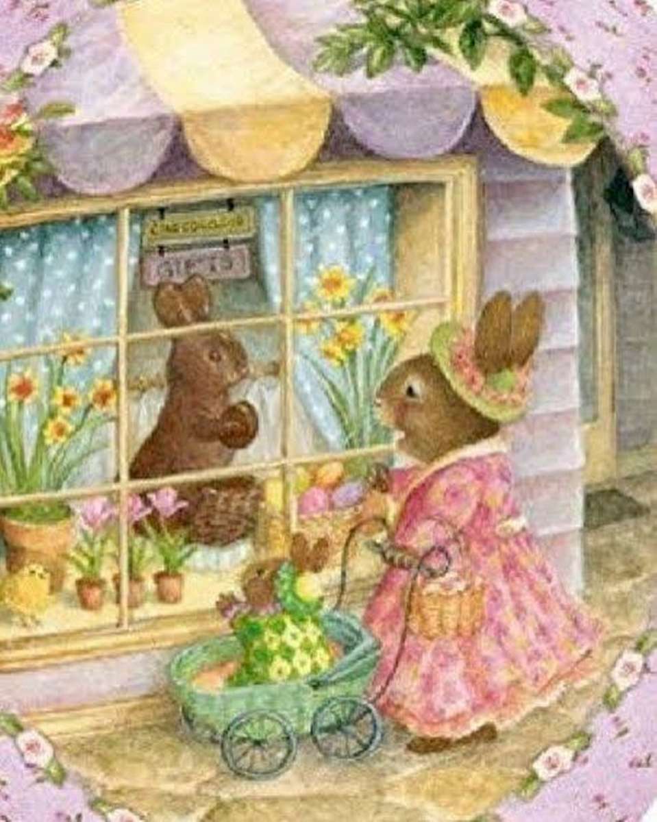 matka i małe króliki przed oknem puzzle online