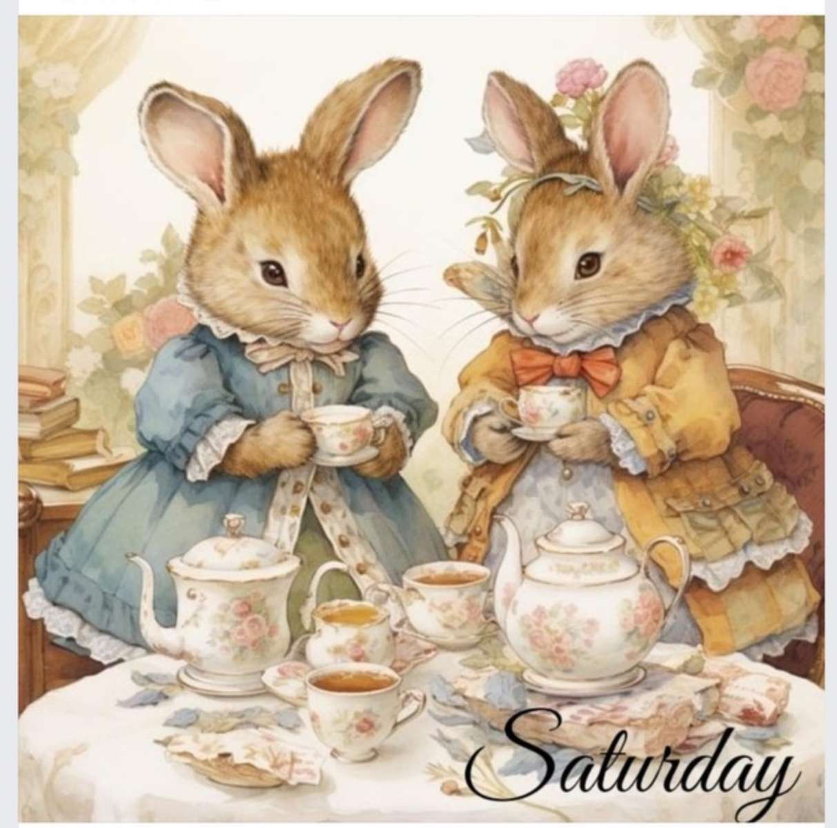 Dwa króliczki przy herbacie puzzle online