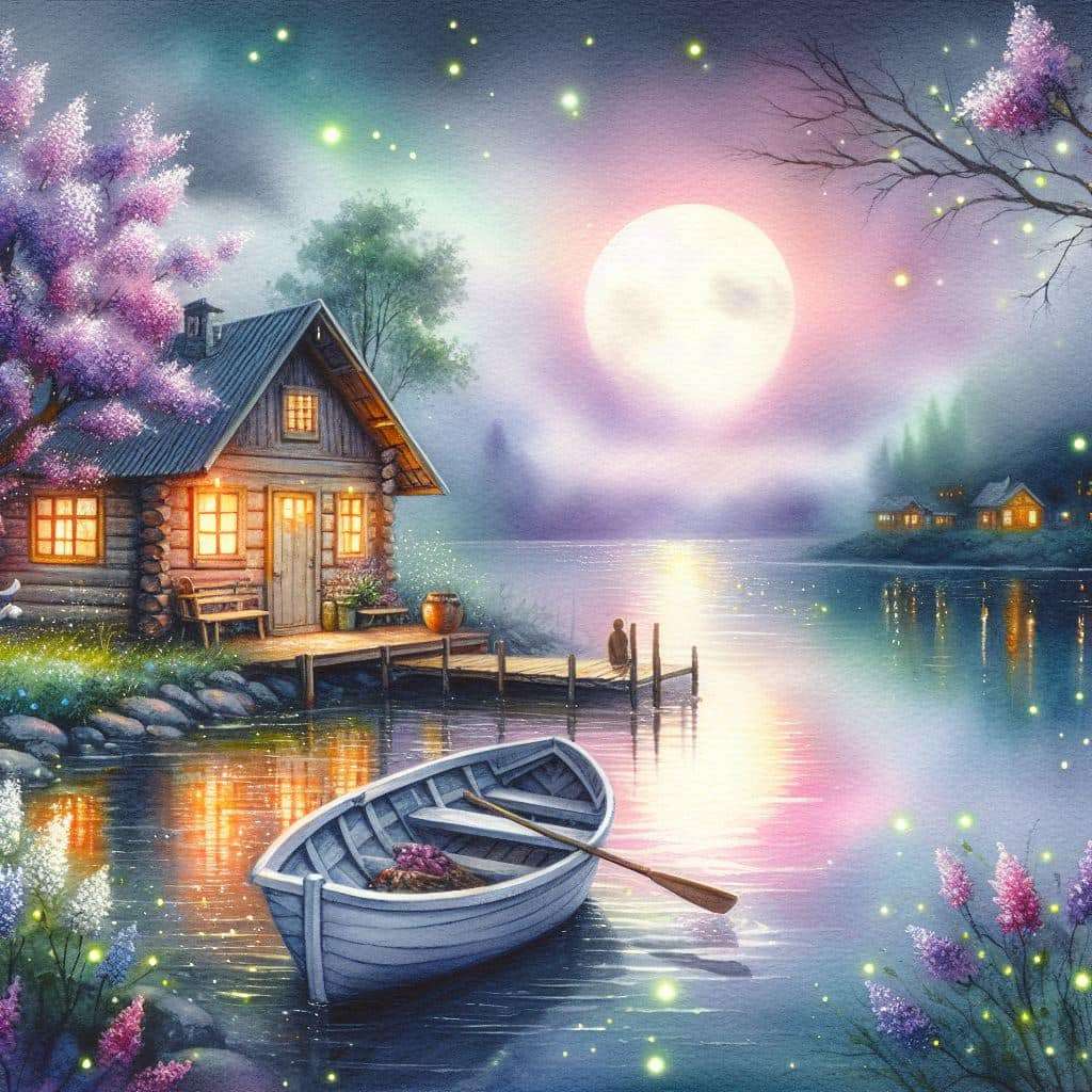 Piękna noc nad jeziorem puzzle online