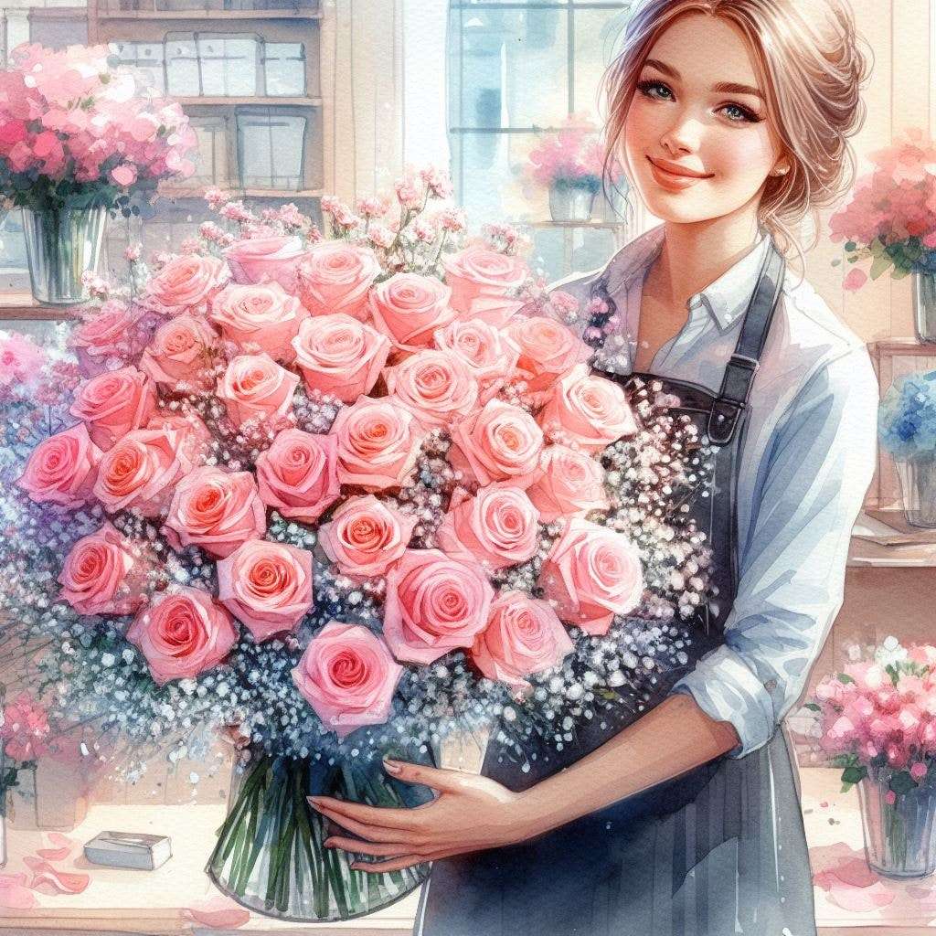 Dziewczyna-kwiaciarka z bukietem różowych róż puzzle online