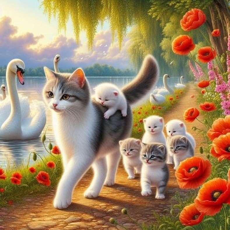 Kotek z dziećmi na spacerze puzzle online