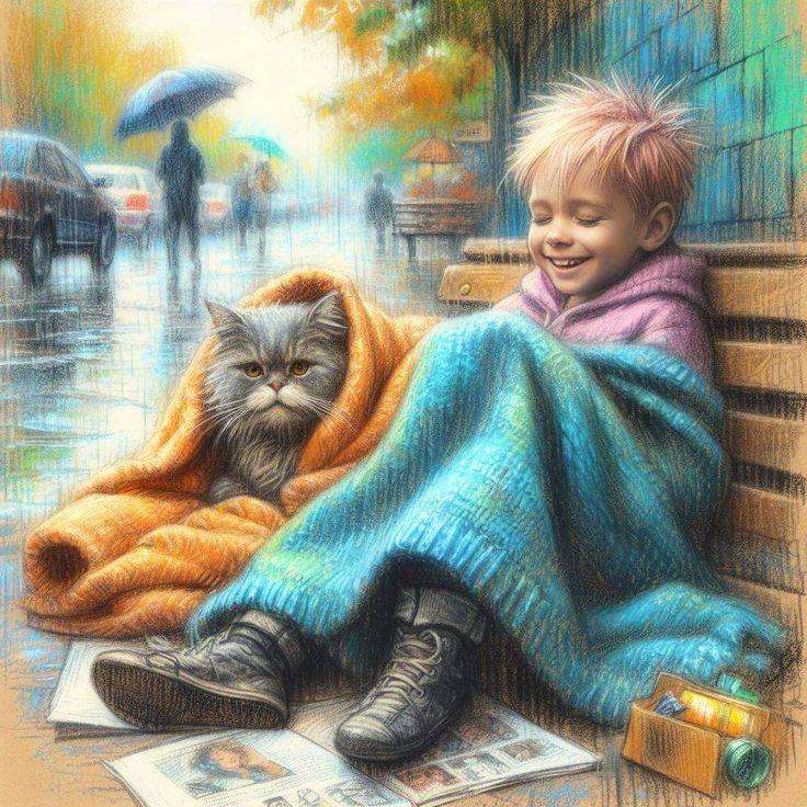 Chłopiec w deszczu ze swoim kotkiem puzzle online