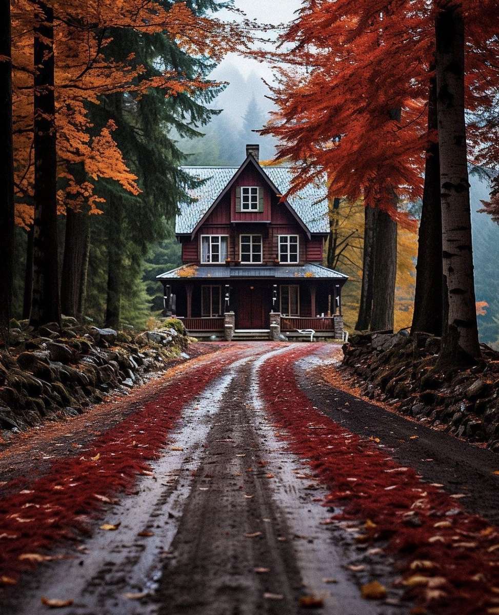 mały dom w czerwonym lesie puzzle online