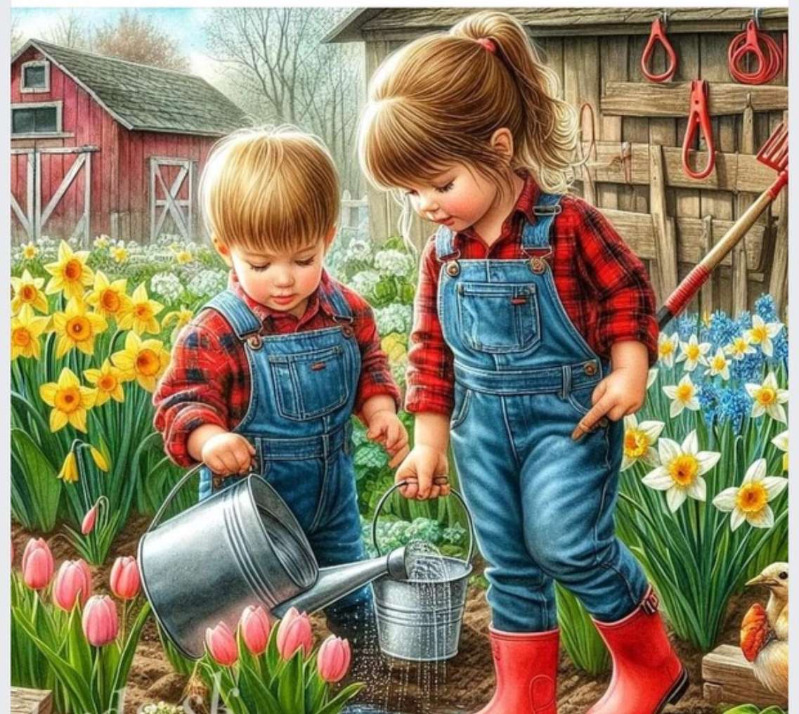 Dzieci podlewają kwiaty. puzzle online
