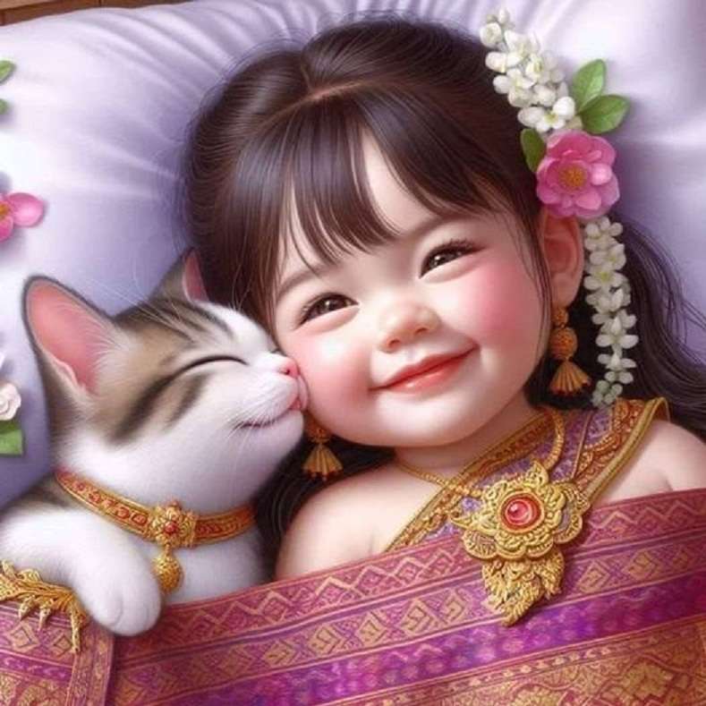 Śliczna mała dziewczynka i jej kotek puzzle online