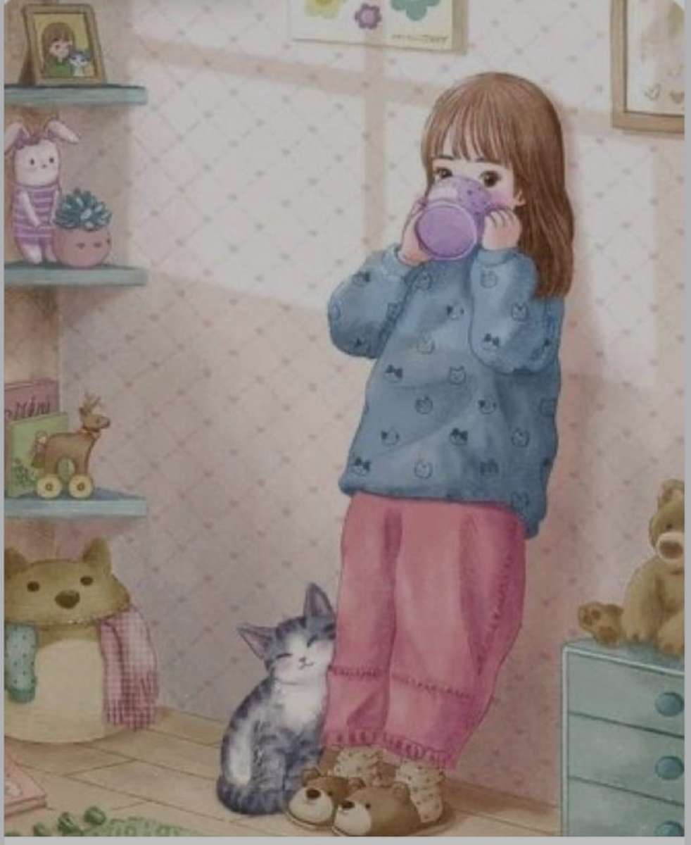 Mała dziewczynka w piżamie ciesząca się filiżanką czegoś. puzzle online