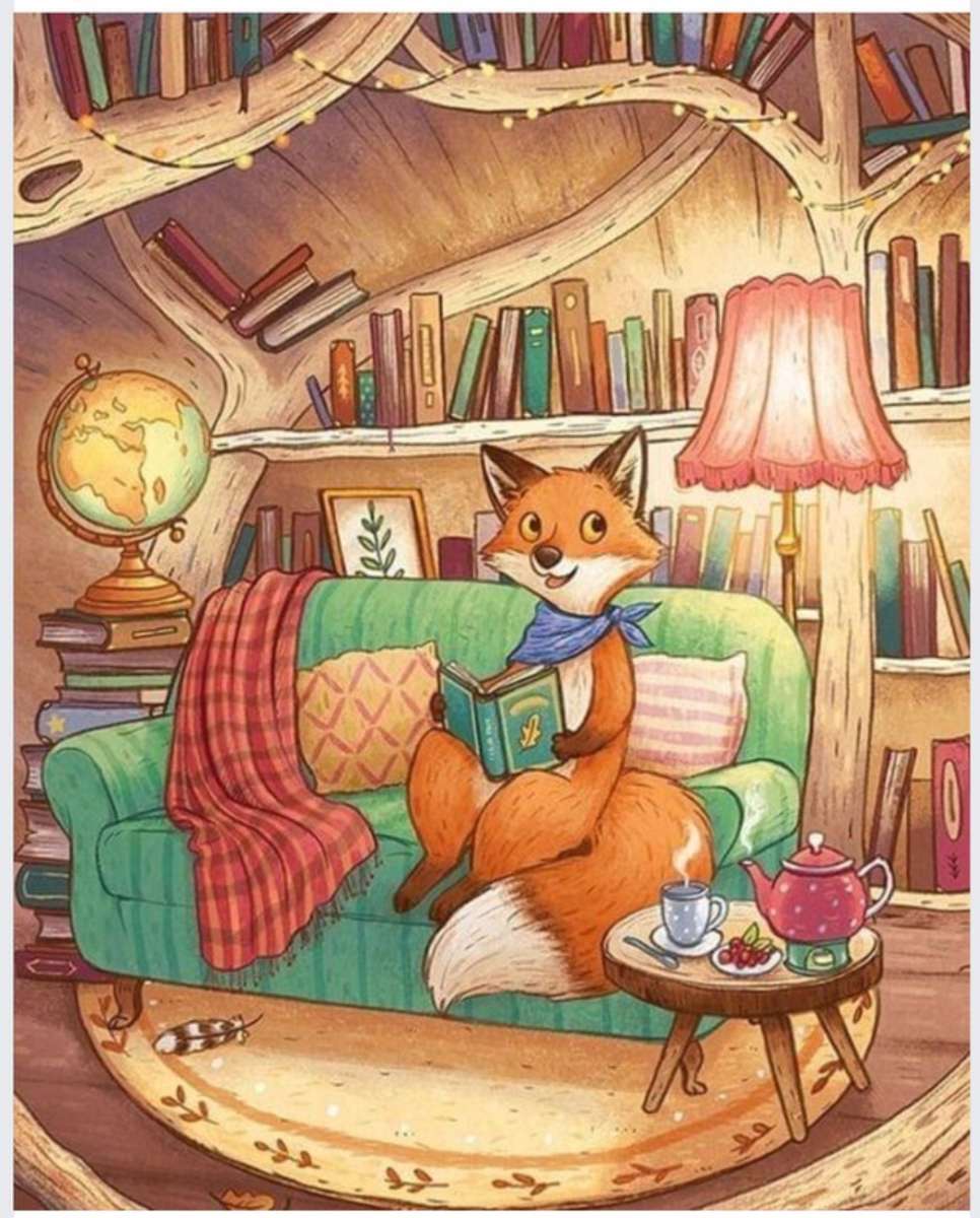 Pan Fox robi sobie przerwę na herbatę i książkę. puzzle online
