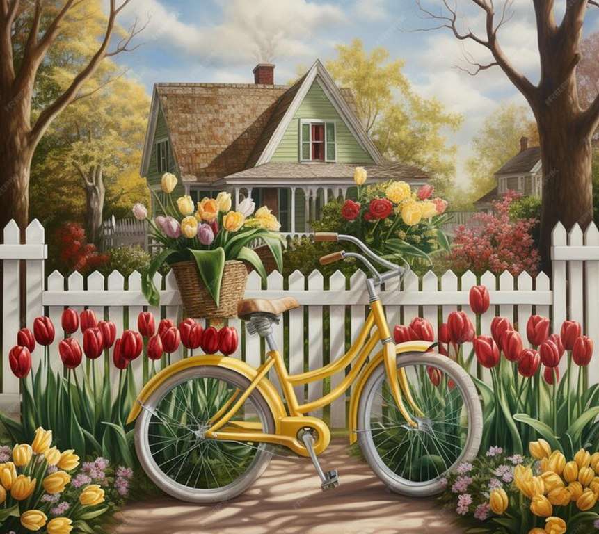 Rower w tulipanach puzzle online