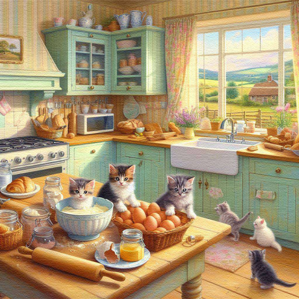 Śliczne kocięta w kuchni puzzle online