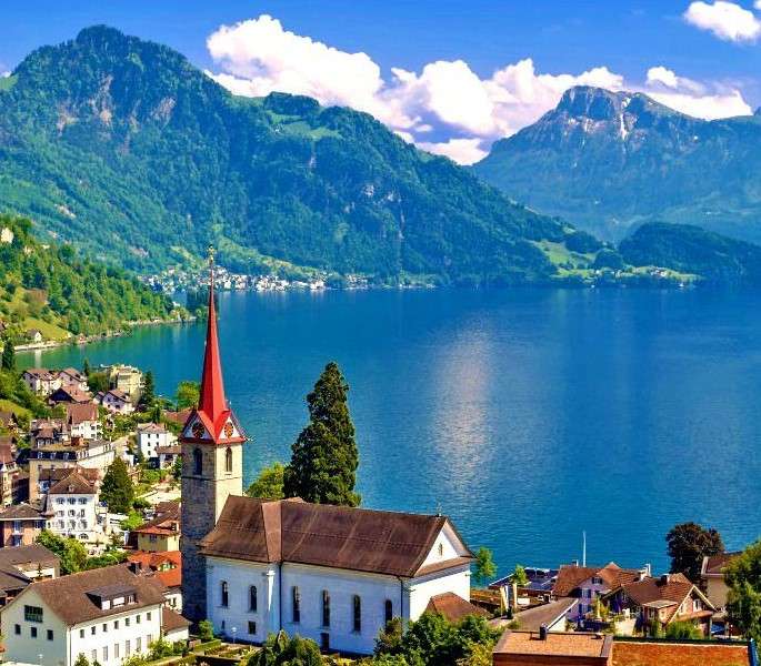 Jezioro Czterech Kantonów z miastem Lucerna puzzle online