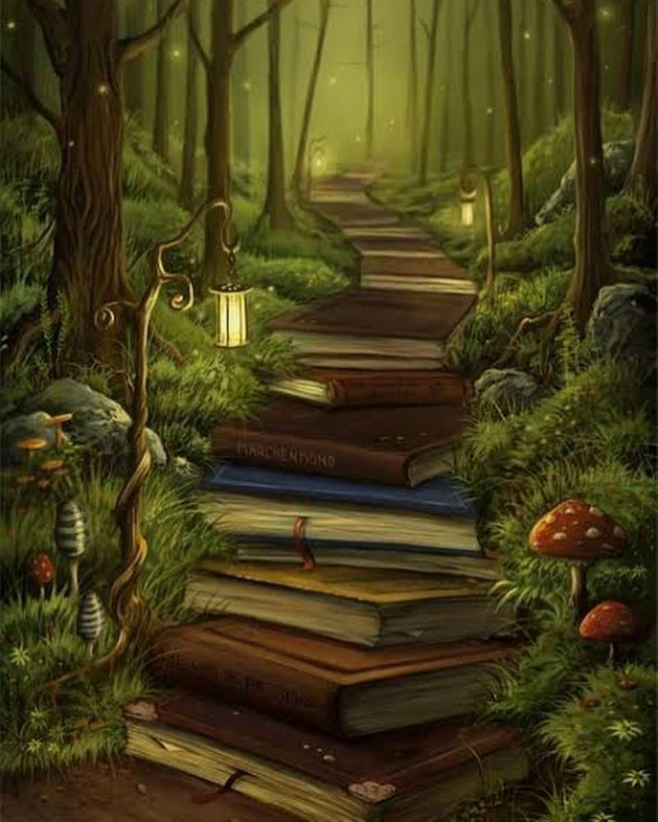 ścieżka książek w magicznym lesie puzzle online
