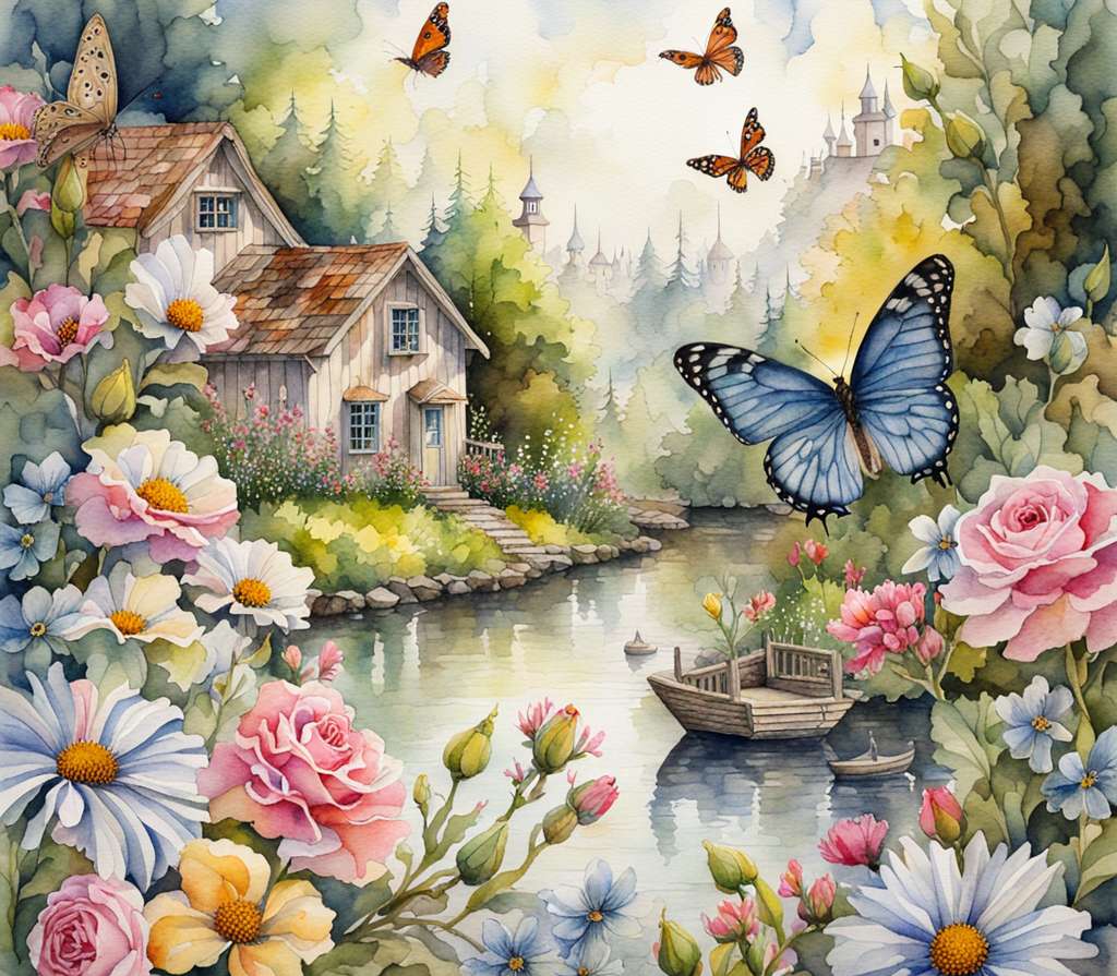 Krajobraz z kwiatami i motylami puzzle online
