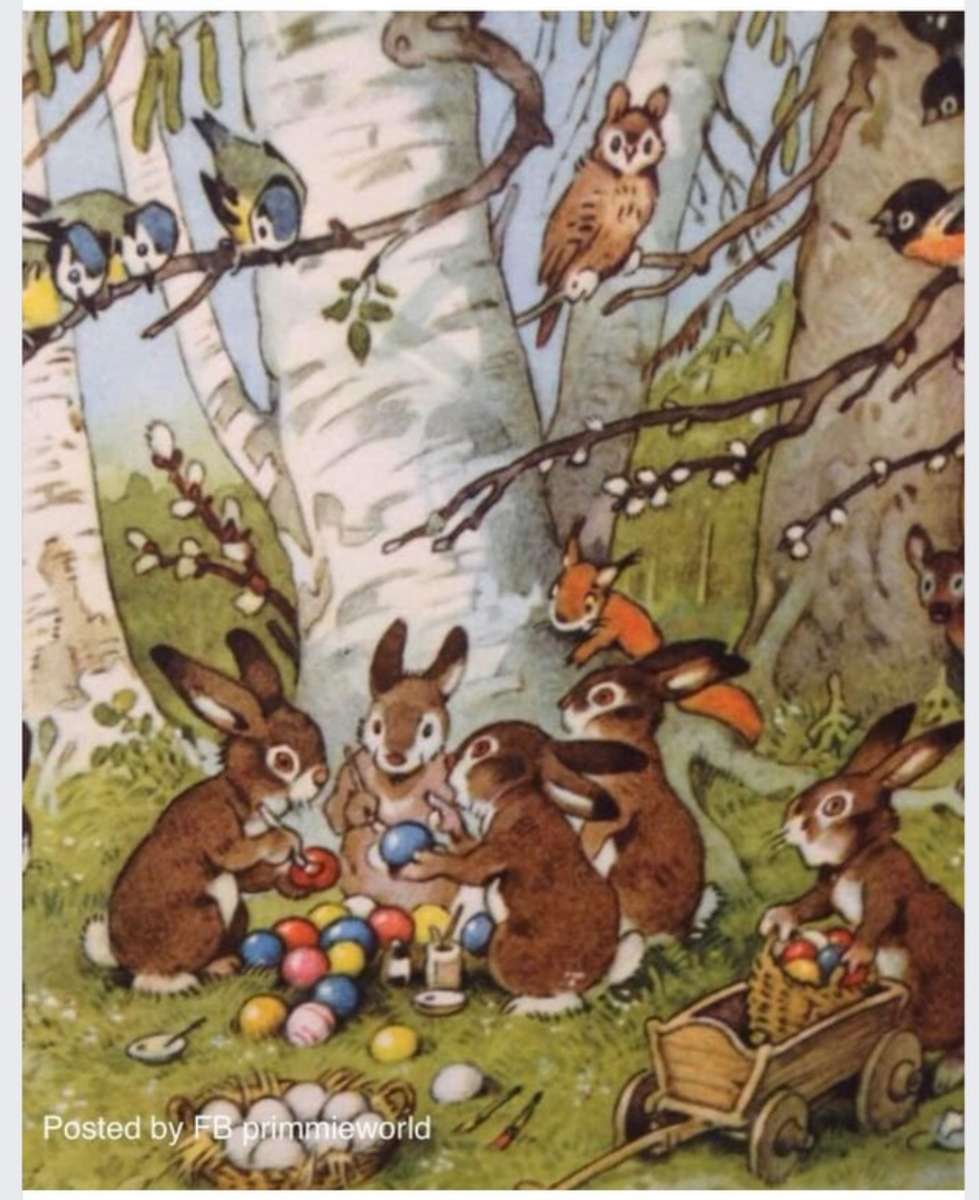 Wiele króliczków malujących jajka. puzzle online