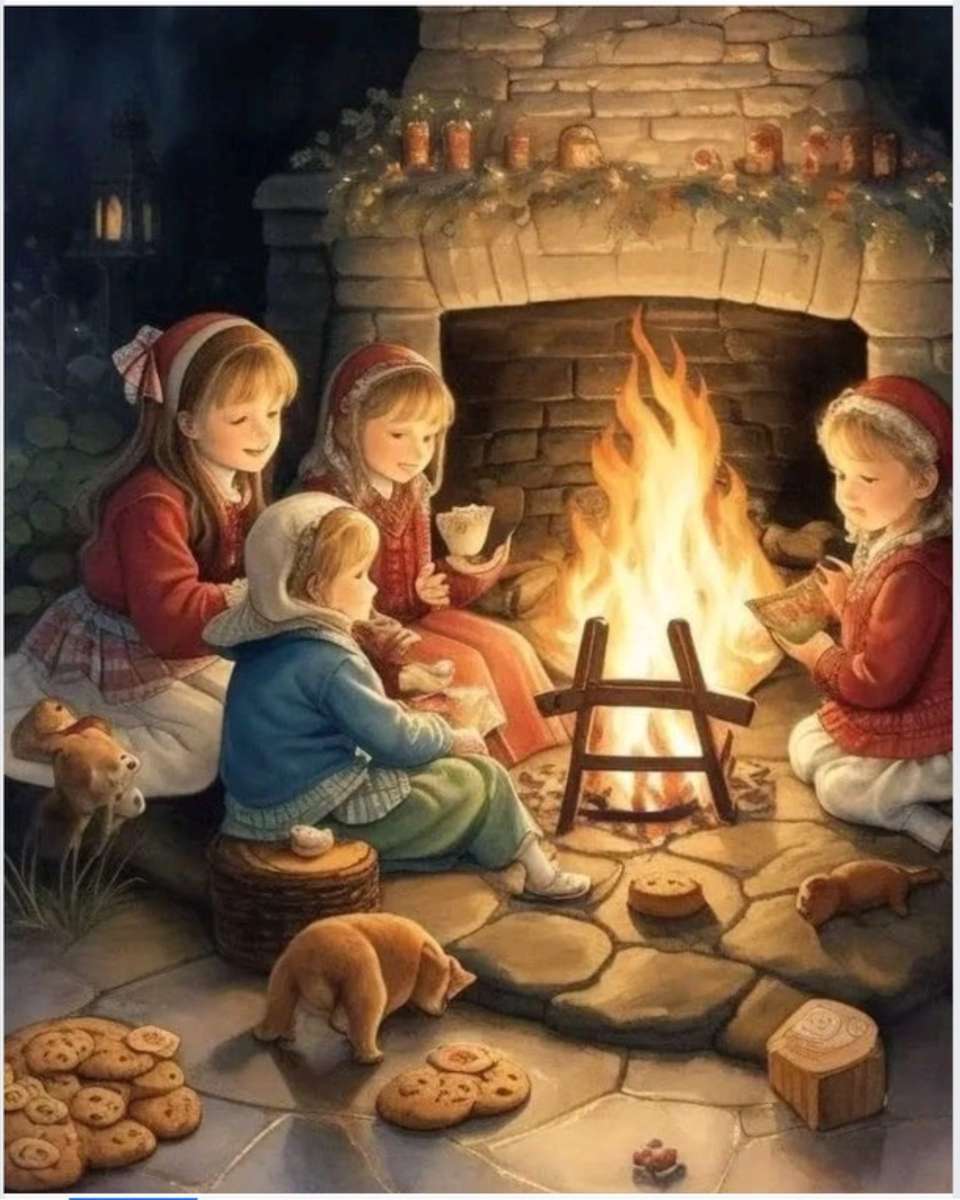 Cztery małe dziewczynki siedzą przy ognisku. puzzle online